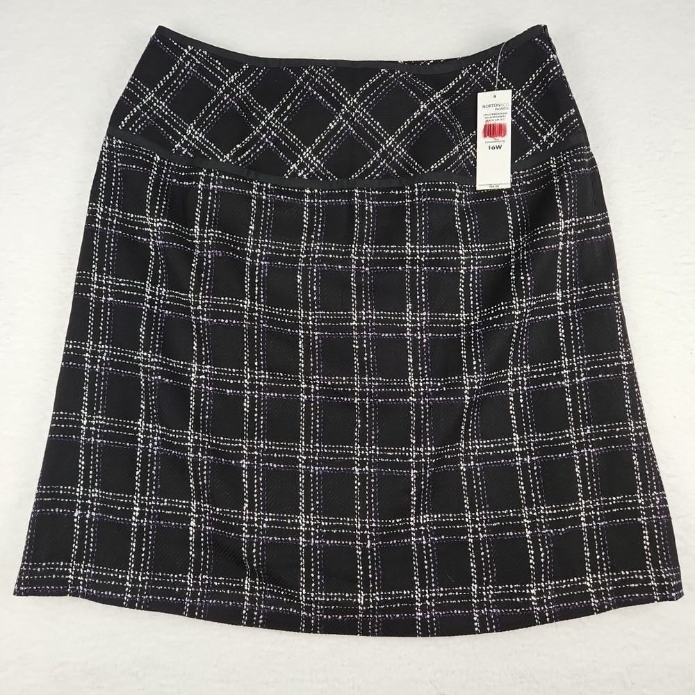 VTG 80s Norton & Co. Womens Skirt 16W Black Plaid Purple/White Lined Cosmopolita - Picture 1 of 9